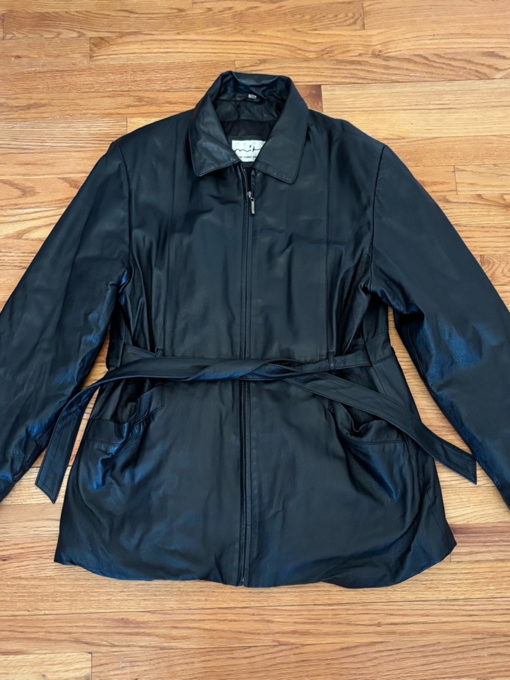 Vintage Mitsu Women’s Black Genuine Leather Front Belted Mid-Length Jacket M